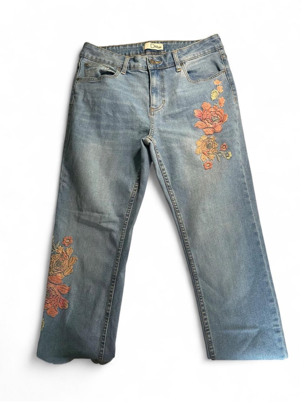 Dittos Light Blue Straight Leg Jeans with Orange Floral Embroidery